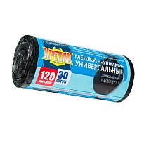 Мешки для мусора 120 л, с ушками, черные, в рулоне 30 шт., ПНД, 15 мкм, 1100х700 мм, Крепак, 4607075710375 в Аксае