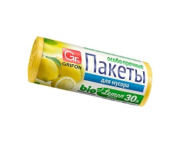 Мешки для мусора 30 л, ароматизированные, Лимон, желтые, в рулоне 20 шт., ПНД, 9 мкм, 560х530 мм, GRIFON Aroma, 101-020 Li в Аксае